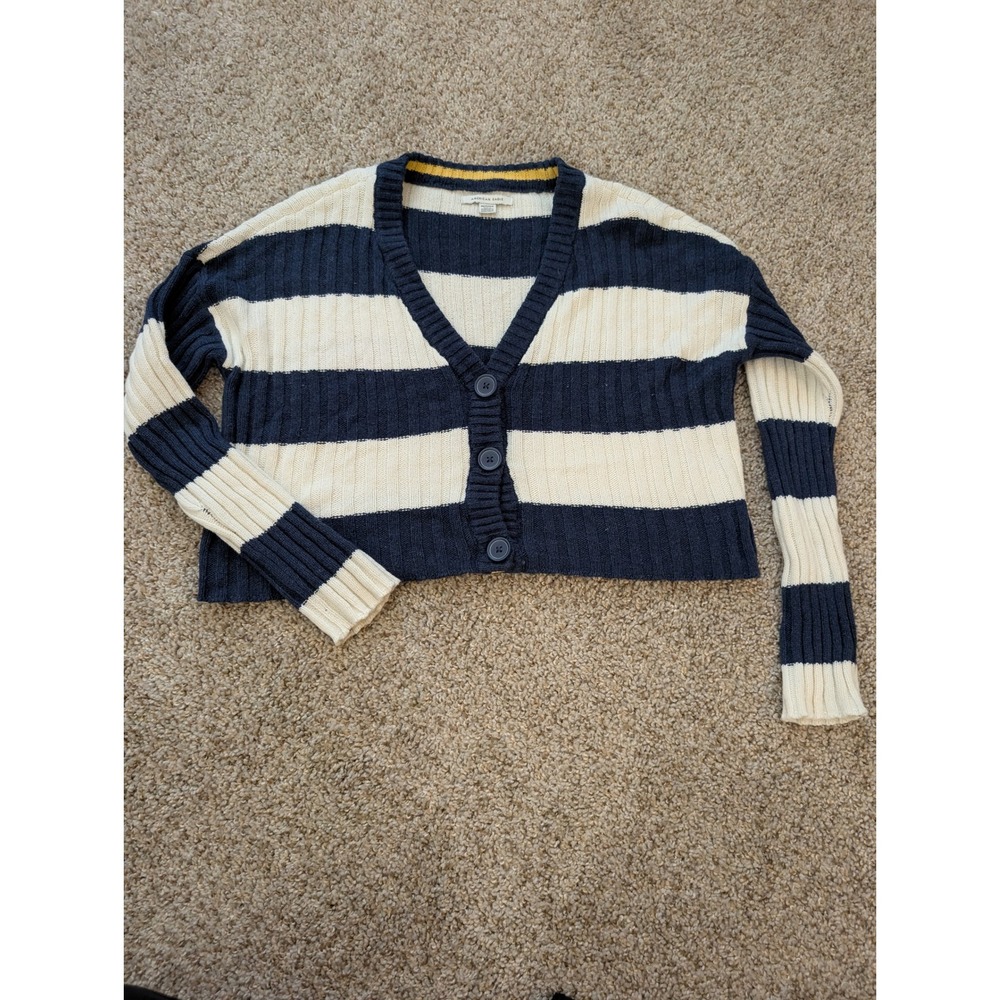 American Eagle Striped Cropped Knit Cardigan Sweater Navy Blue Cream XS